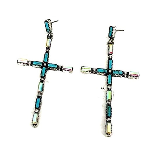 Western Large Crystal Cross Earrings - AB Turquoise