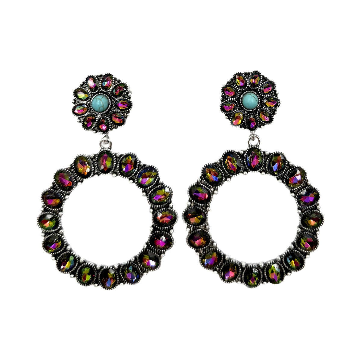 Western Round Concho Crystal Earrings