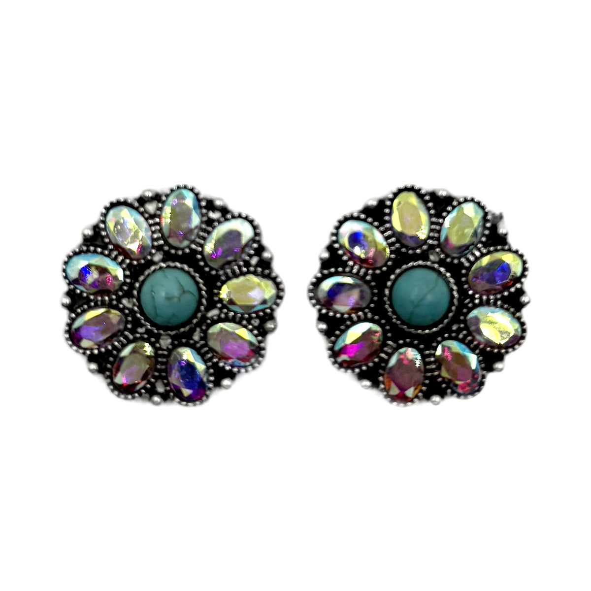 Western Small Flower Concho Crystal Earrings - Turquoise AB