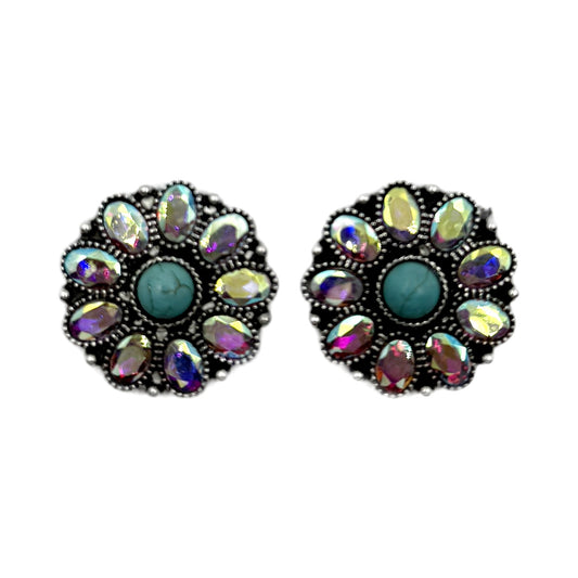 Western Small Flower Concho Crystal Earrings - Turquoise AB