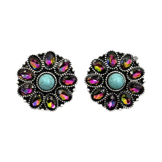 Western Small Flower Concho Crystal Earrings - Turquoise Volcano