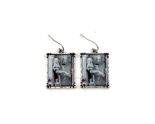 Western Black & White Rectangle Portrait Earrings