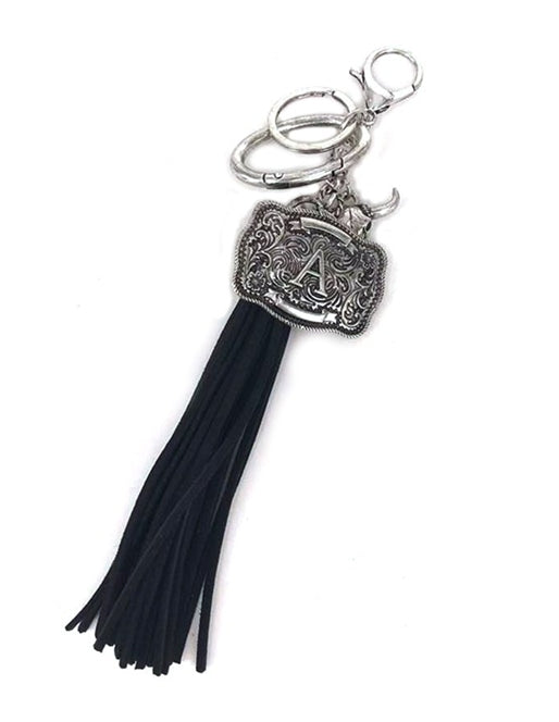 Western Belt Buckle Initial Black Tassel Keychain