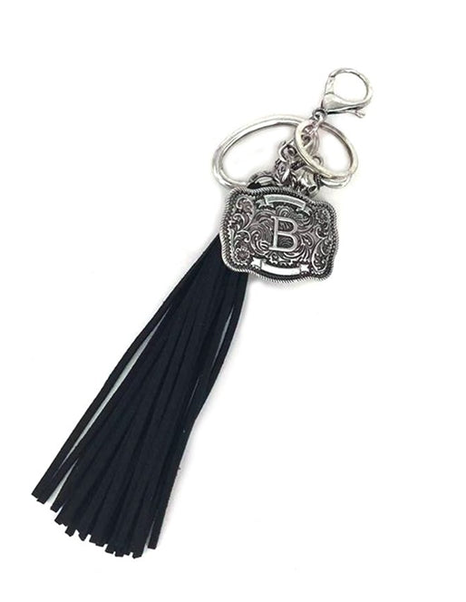 Western Belt Buckle Initial Black Tassel Keychain