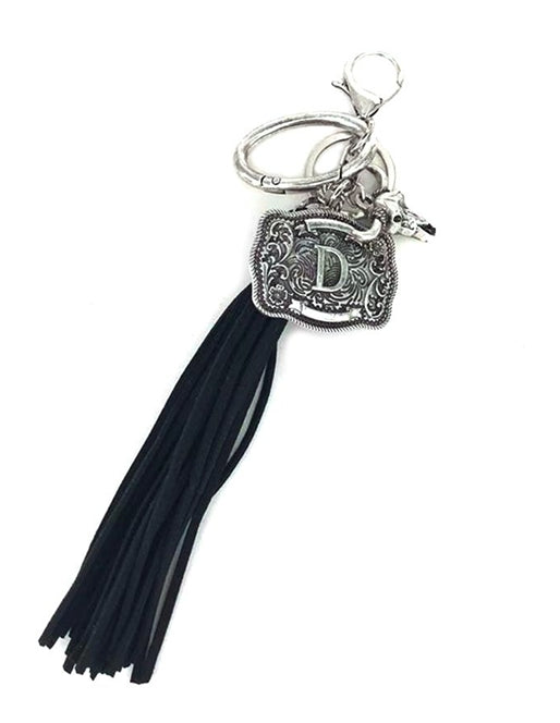Western Belt Buckle Initial Black Tassel Keychain