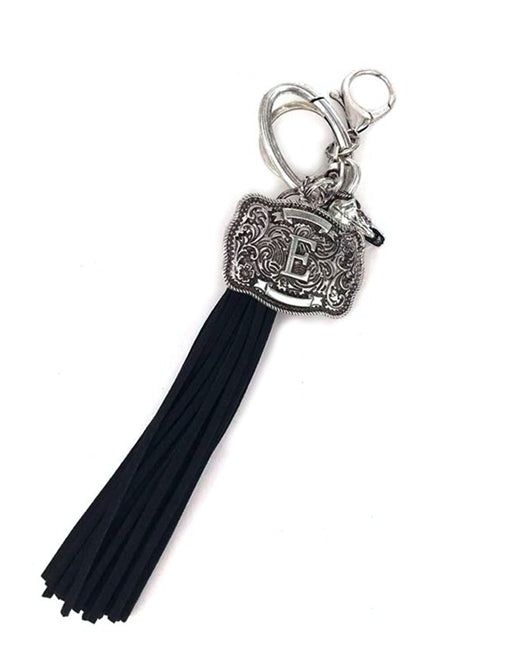Western Belt Buckle Initial Black Tassel Keychain