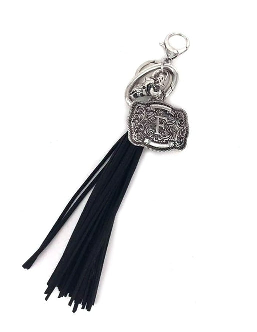 Western Belt Buckle Initial Black Tassel Keychain