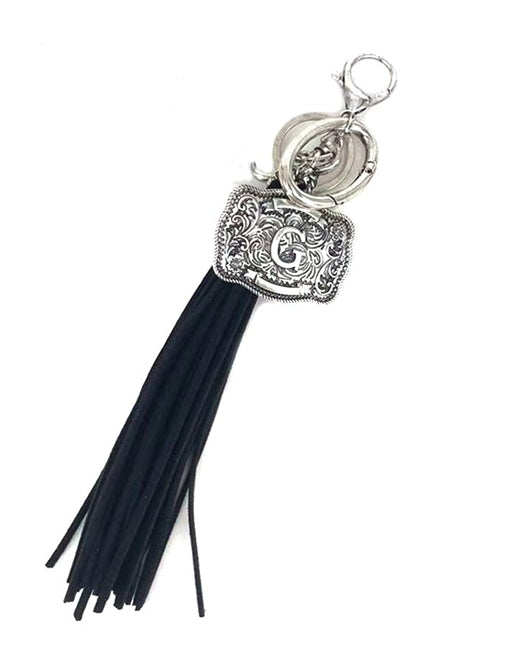 Western Belt Buckle Initial Black Tassel Keychain
