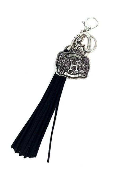 Western Belt Buckle Initial Black Tassel Keychain