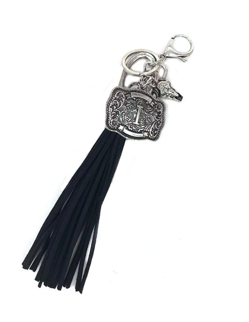 Western Belt Buckle Initial Black Tassel Keychain