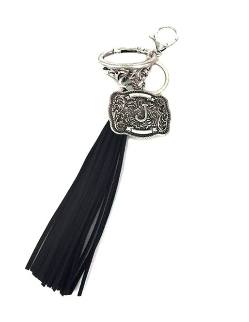 Western Belt Buckle Initial Black Tassel Keychain