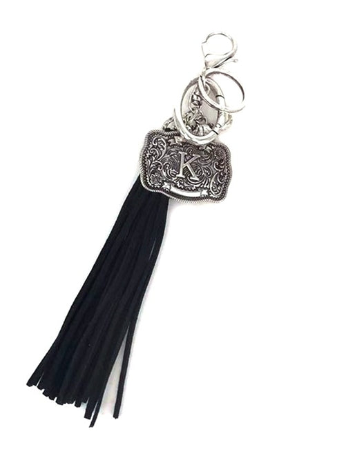 Western Belt Buckle Initial Black Tassel Keychain