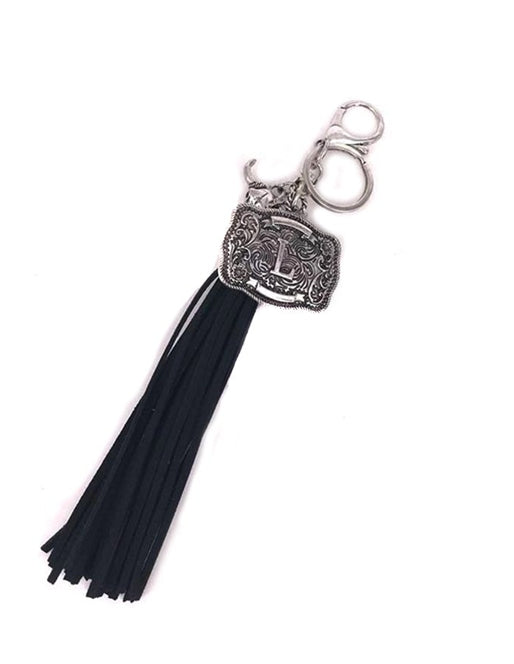 Western Belt Buckle Initial Black Tassel Keychain