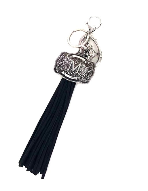 Western Belt Buckle Initial Black Tassel Keychain