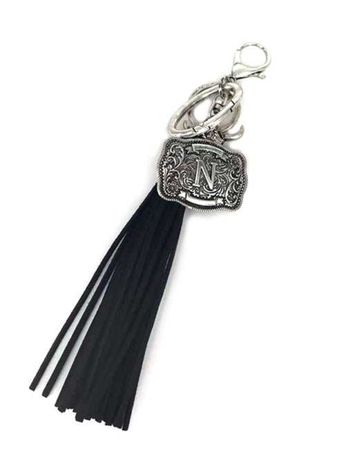 Western Belt Buckle Initial Black Tassel Keychain