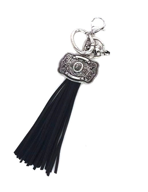 Western Belt Buckle Initial Black Tassel Keychain