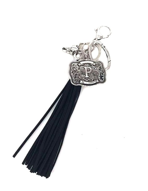 Western Belt Buckle Initial Black Tassel Keychain