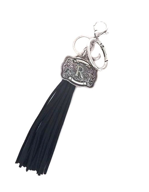 Western Belt Buckle Initial Black Tassel Keychain