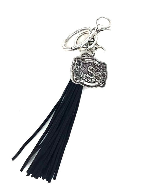 Western Belt Buckle Initial Black Tassel Keychain