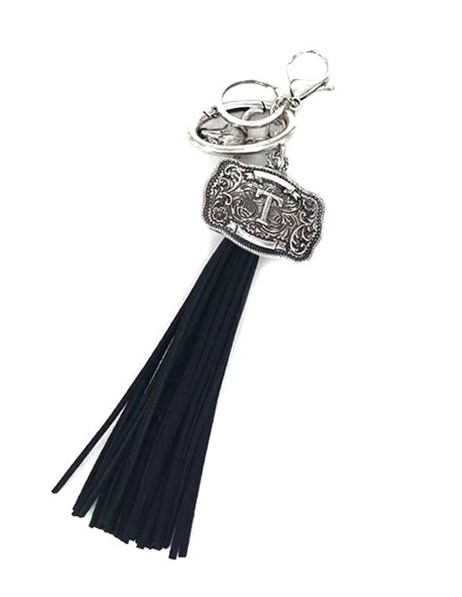 Western Belt Buckle Initial Black Tassel Keychain