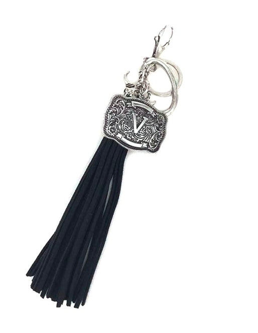 Western Belt Buckle Initial Black Tassel Keychain