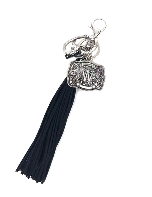 Western Belt Buckle Initial Black Tassel Keychain