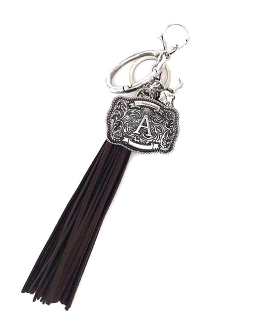 Western Belt Buckle Initial Brown Tassel Keychain
