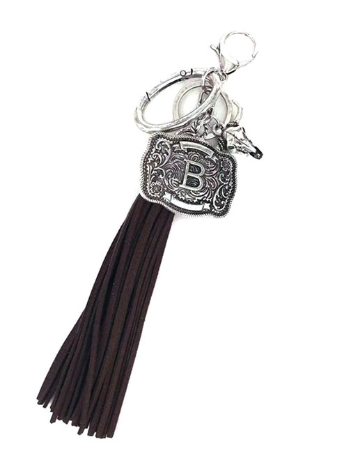 Western Belt Buckle Initial Brown Tassel Keychain