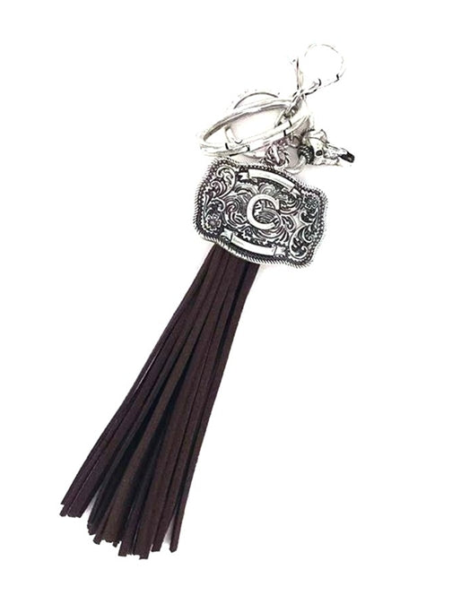 Western Belt Buckle Initial Brown Tassel Keychain