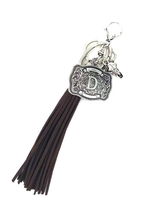 Western Belt Buckle Initial Brown Tassel Keychain