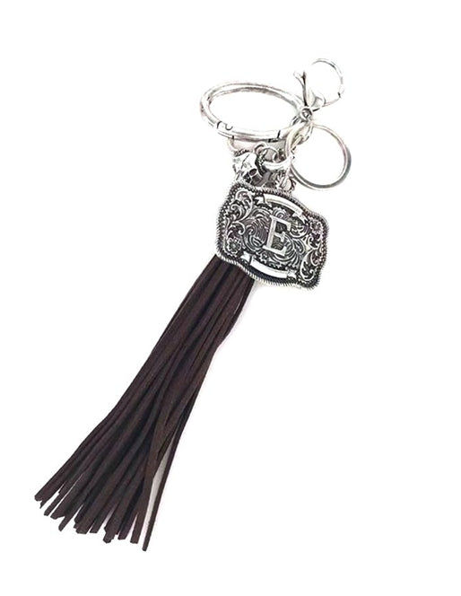 Western Belt Buckle Initial Brown Tassel Keychain