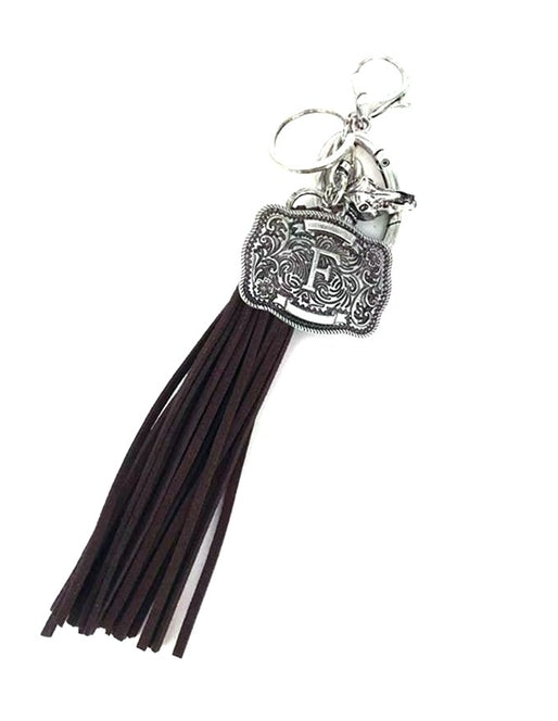Western Belt Buckle Initial Brown Tassel Keychain