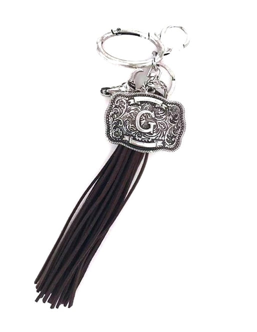 Western Belt Buckle Initial Brown Tassel Keychain