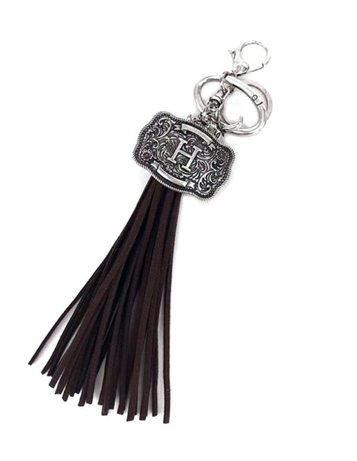 Western Belt Buckle Initial Brown Tassel Keychain