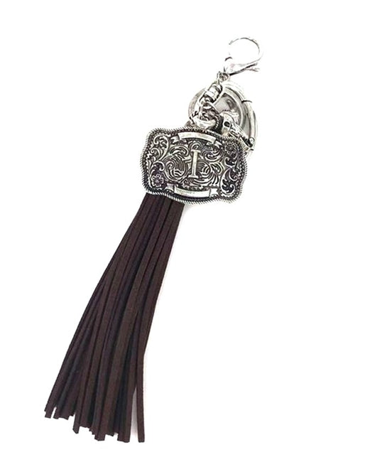 Western Belt Buckle Initial Brown Tassel Keychain