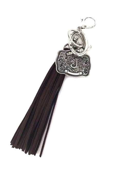 Western Belt Buckle Initial Brown Tassel Keychain