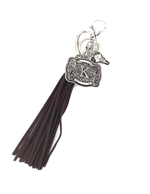 Western Belt Buckle Initial Brown Tassel Keychain