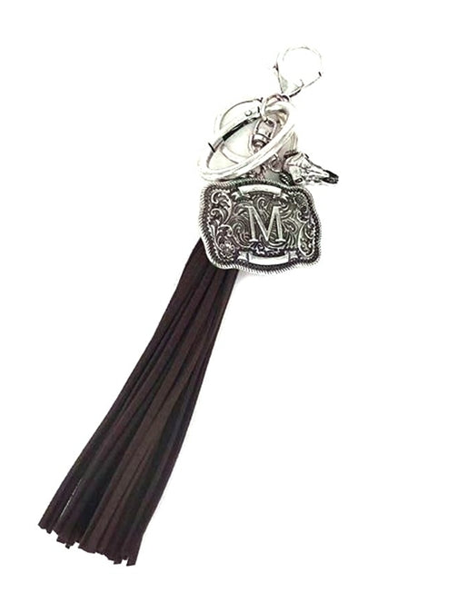 Western Belt Buckle Initial Brown Tassel Keychain