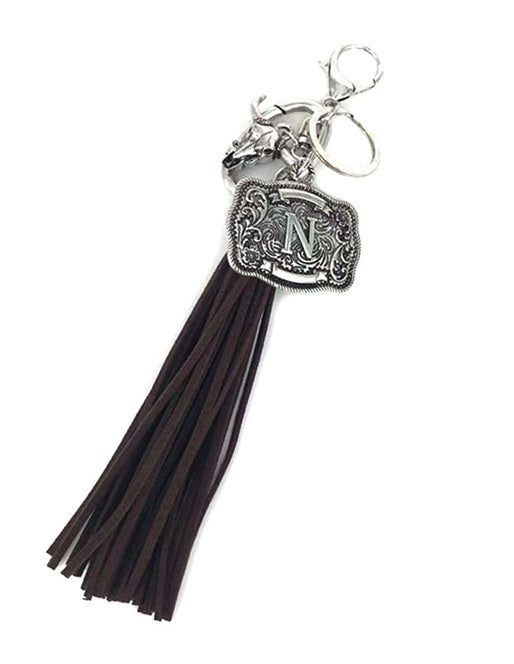 Western Belt Buckle Initial Brown Tassel Keychain