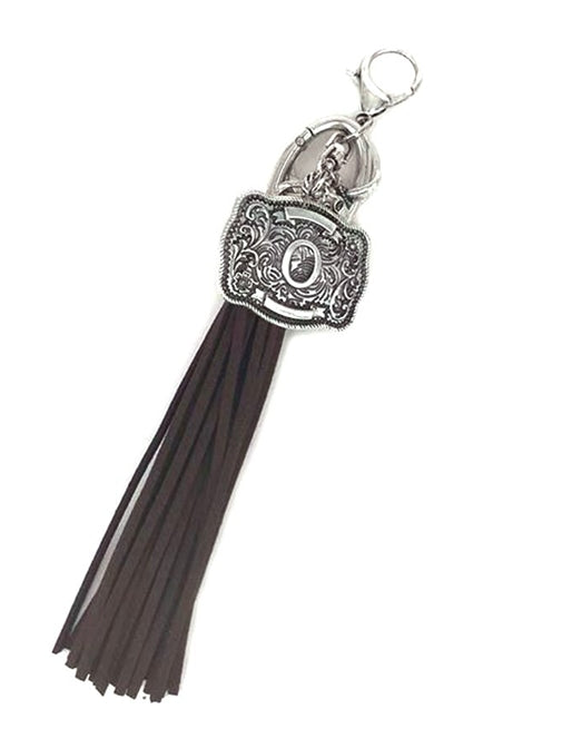 Western Belt Buckle Initial Brown Tassel Keychain