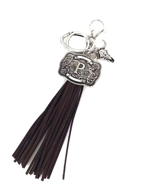 Western Belt Buckle Initial Brown Tassel Keychain