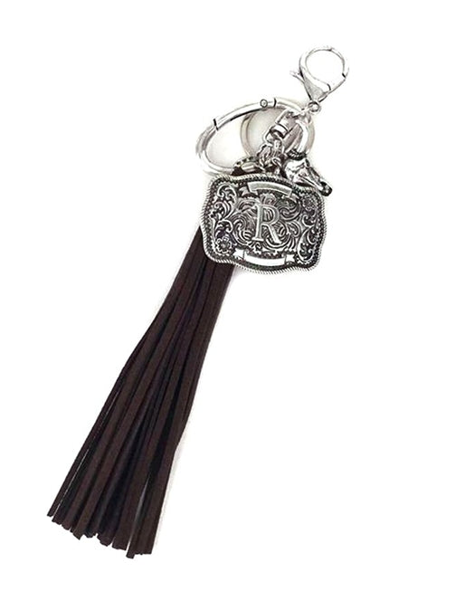 Western Belt Buckle Initial Brown Tassel Keychain