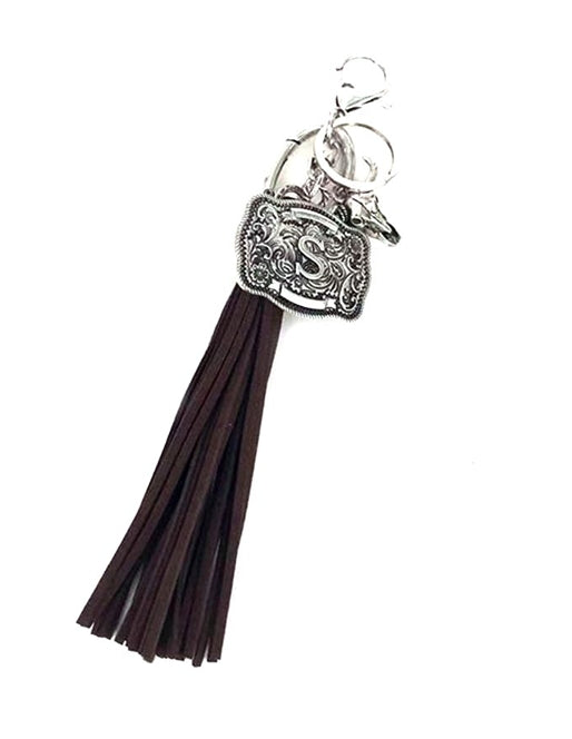 Western Belt Buckle Initial Brown Tassel Keychain