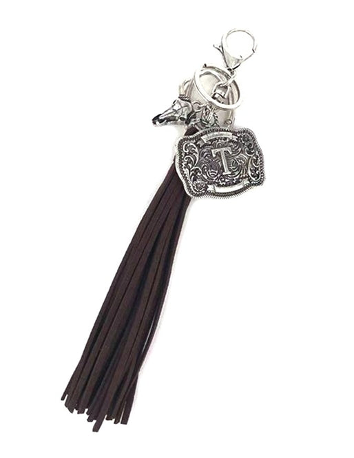 Western Belt Buckle Initial Brown Tassel Keychain