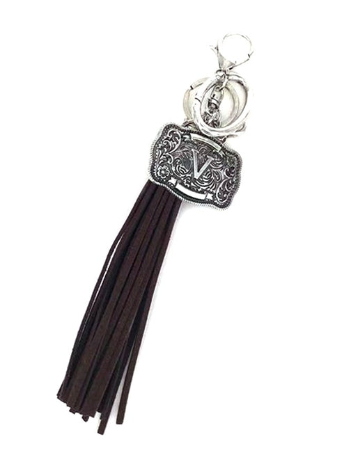 Western Belt Buckle Initial Brown Tassel Keychain