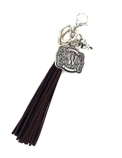 Western Belt Buckle Initial Brown Tassel Keychain