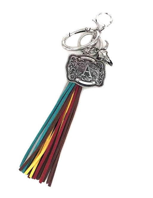 Western Belt Buckle Initial Multi Color Tassel Keychain
