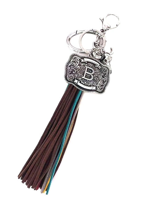 Western Belt Buckle Initial Multi Color Tassel Keychain