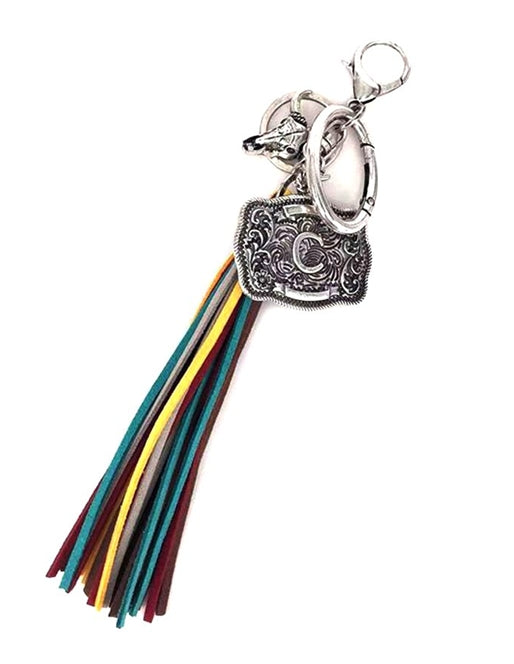 Western Belt Buckle Initial Multi Color Tassel Keychain