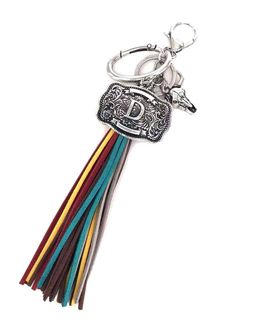 Western Belt Buckle Initial Multi Color Tassel Keychain